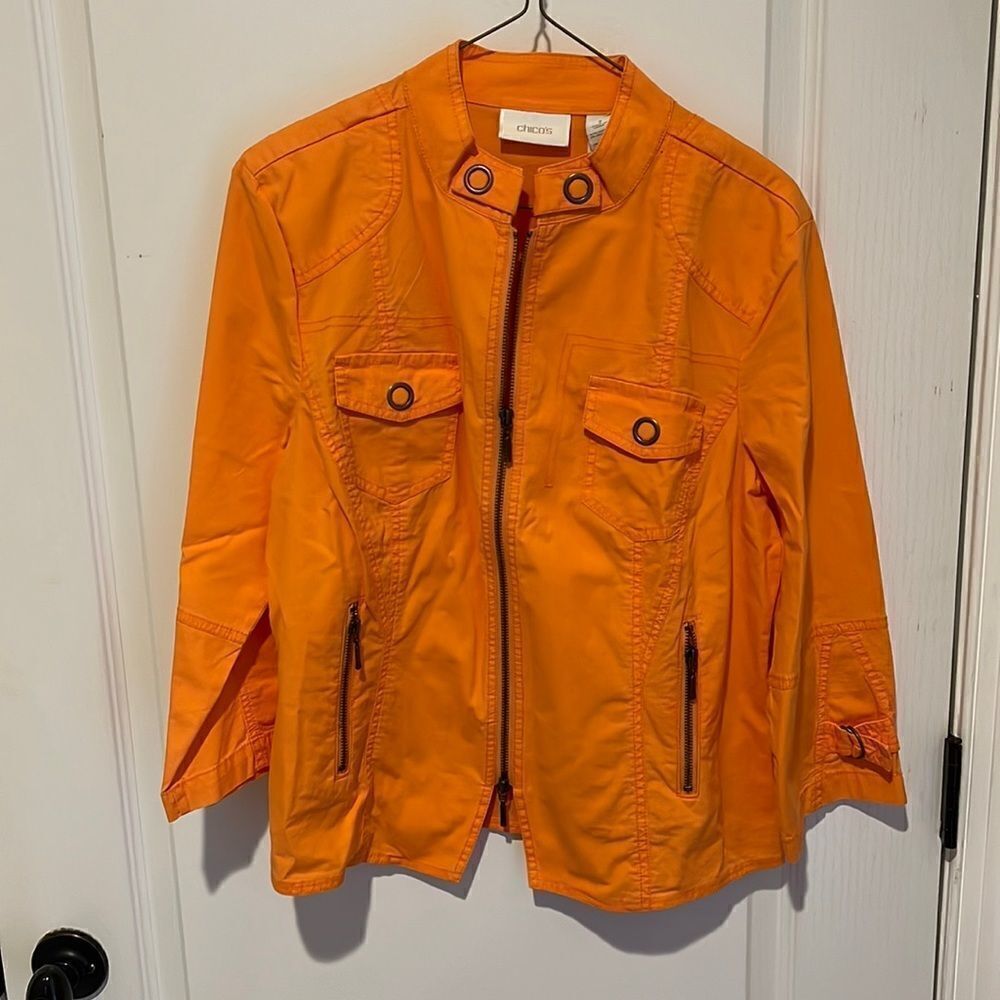 Chico's Bright Orange Utility Jacket Zip front with pockets